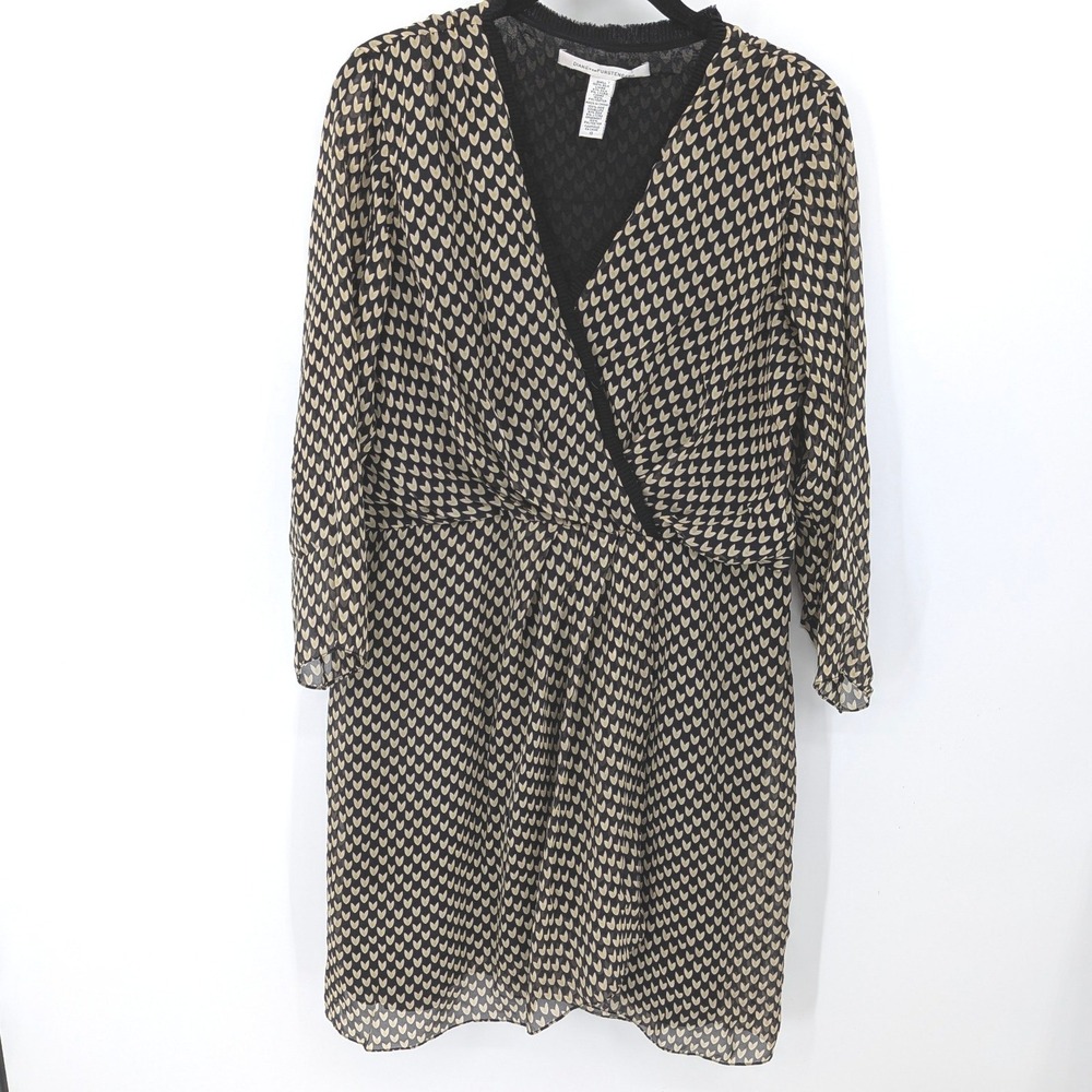 Diane von Furstenberg Silk Faux‎ Wrap Dress Womens 10 Black Tan Office Luxury